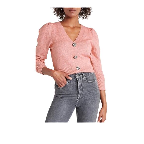 NEW EXPRESS $98 M PINK JEWEL EMBELLISHED BUTTON PUFF SLEEVE SWEATER COQUETTE Y2K - Picture 5 of 12